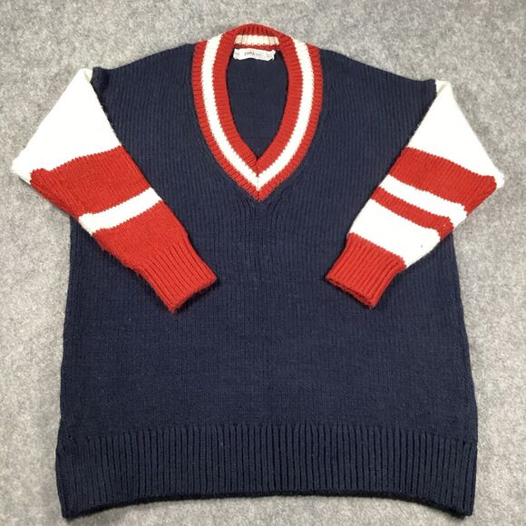 Zara Oversized V Neck Collegiate Preppy Knit Sweater Navy Red White Size Small - Picture 4 of 15
